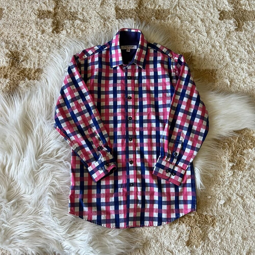 Isaac Mizrahi New York Boys' White Pink & Purple Plaid Button Down Shirt S/8
